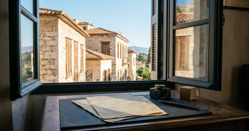 Πέτρινες προσόψεις αθηναϊκών κτιρίων δίπλα σε ουδέτερο χαρτί και γεωμετρικές σκιές