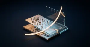 Φωτεινή τροχιά πάνω από κυκλικά εμπόδια και γεωμετρικές επιφάνειες σε σκοτεινό αφηρημένο σκηνικό